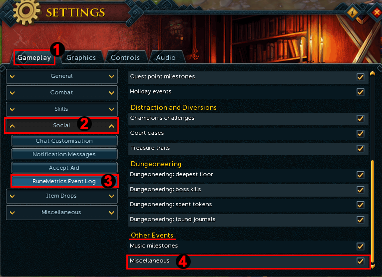 The RuneMetrics Event Log settings with Gameplay, Social, RuneMetrics Event Log and the Miscellaneous checkbox marked