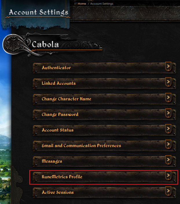 The RuneScape Account Settings page with the RuneMetrics Profile entry highlighted