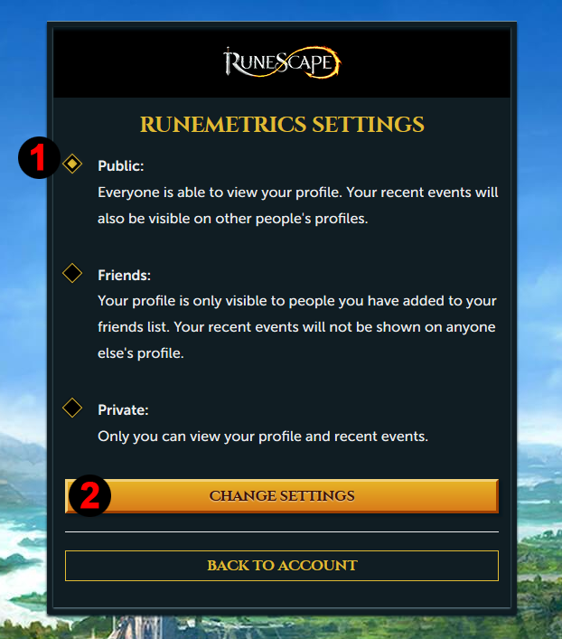 The RuneMetrics Settings page with the Public option and the Change Settings button marked